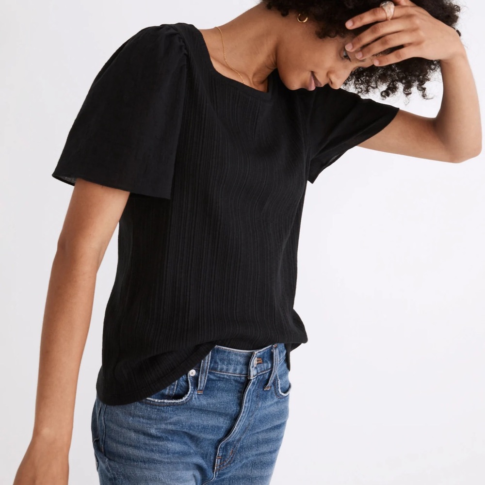 Madewell Flutter Sleeve Weavemix Ribbed Top Black Short Sleeve NC606